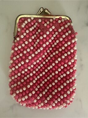 VTG Pink Beaded Lined Coin Purse Wallet Kiss Lock Closure Hong Kong